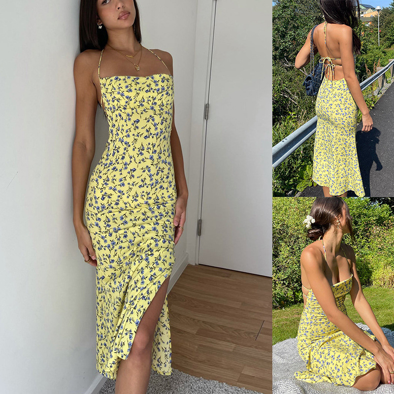 Floral Sleeveless Slit Backless Bodycon Dress