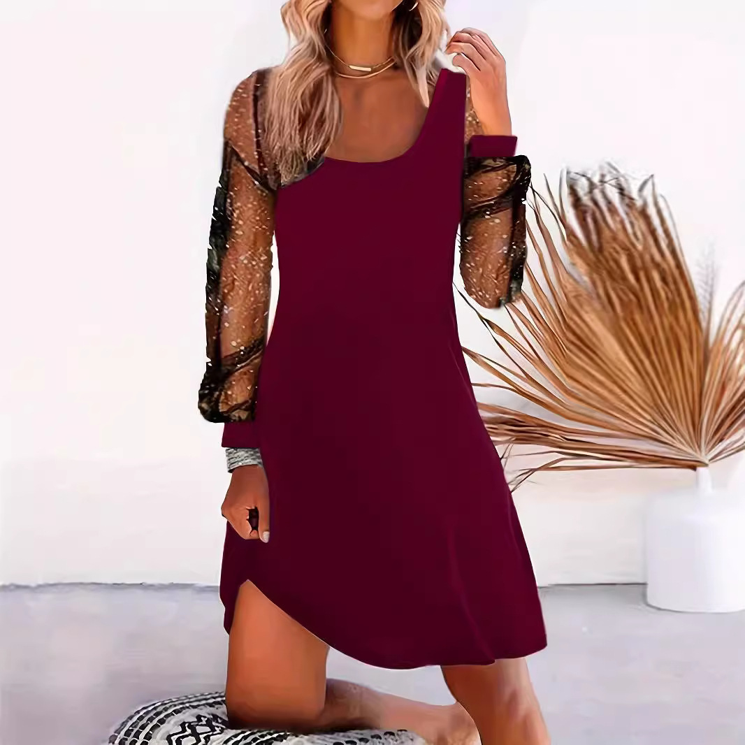 Elegant U-Neck Mesh Panel Long-Sleeve A-Line Dress