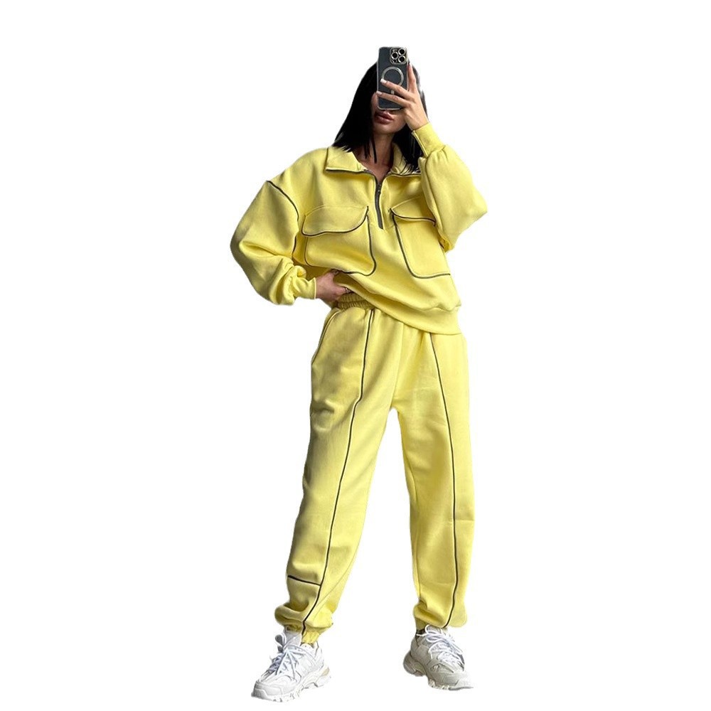 Women's Half-Zip Hoodie and Pants Set with Pockets