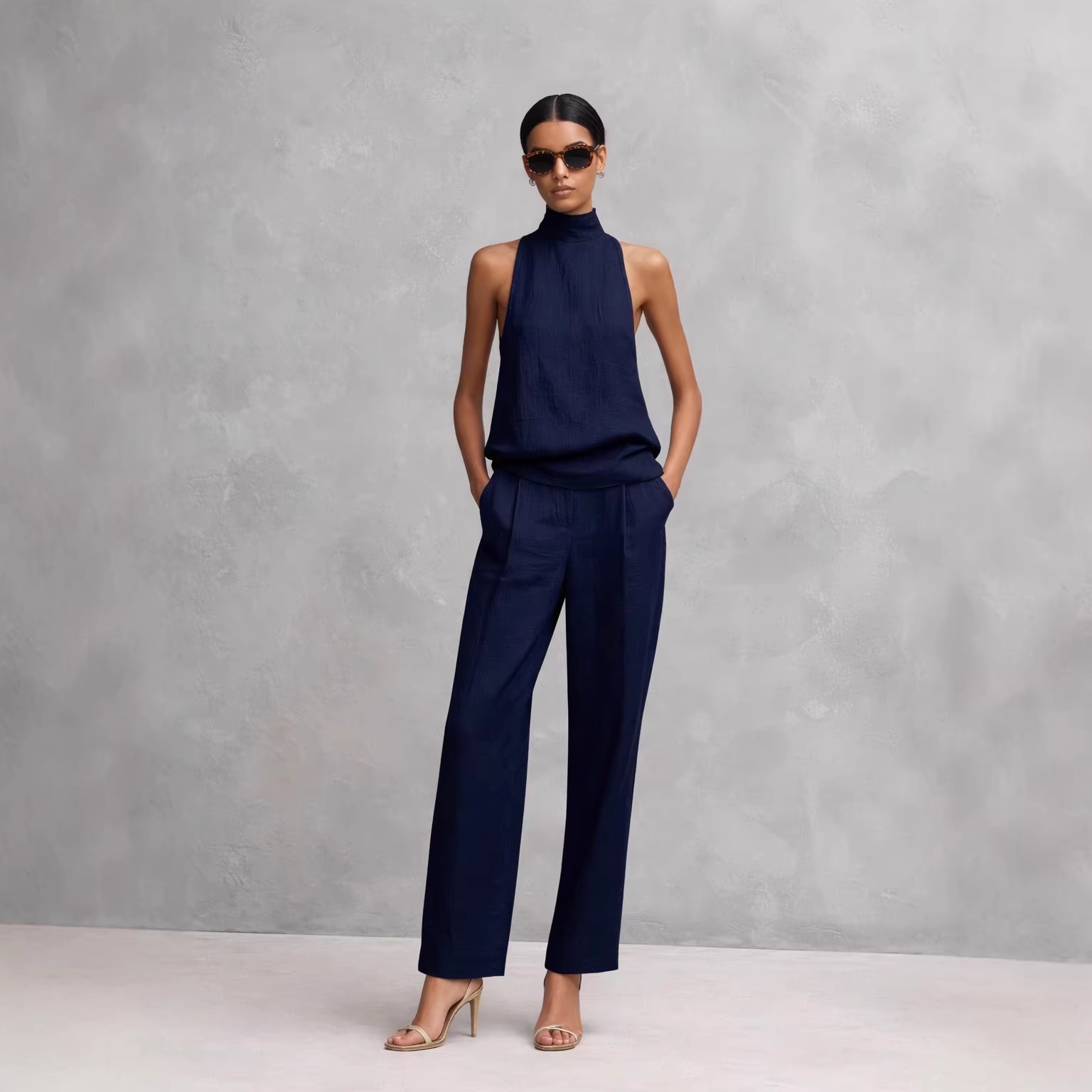 Women's Sleeveless High Neck Top & Wide Leg Pants Set