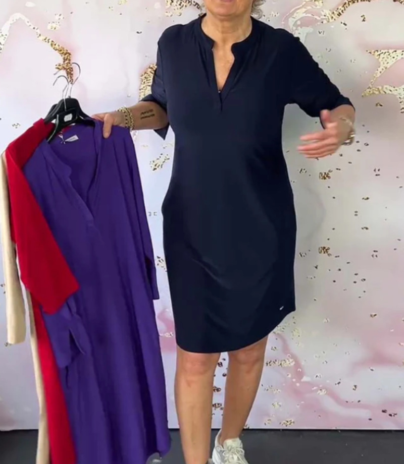 Women's Solid V-Neck Midi Dress Long Sleeve High Waist