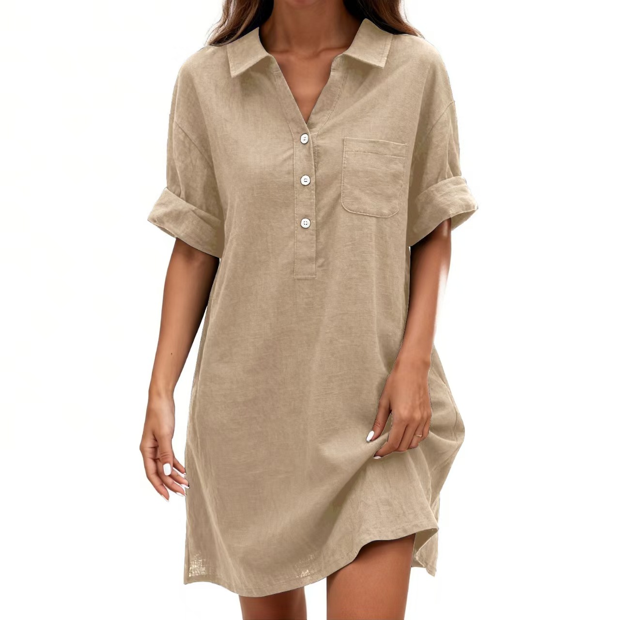 Women's Cotton Short Sleeve Midi Dress with Small Lapel Collar