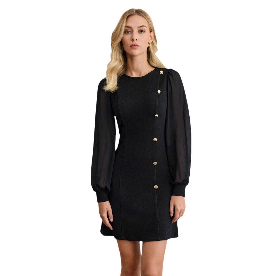 Women's Round Neck Button-Trim Slim Fit Solid Long Sleeve Dress