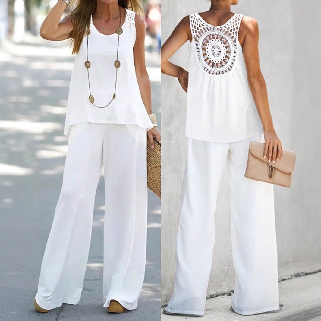 Women's Solid Color Back Cutout Embroidered Sleeveless Top and Pants Set