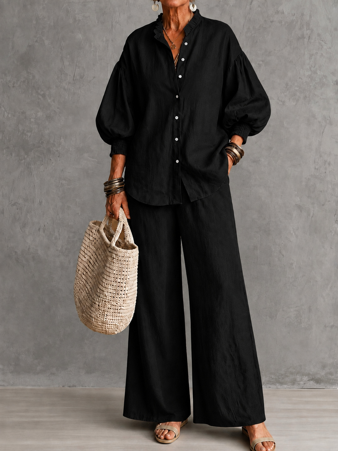 Women's Solid Ruffle Stand Collar Lantern Sleeve Shirt & Wide-Leg Pants Two-Piece Set
