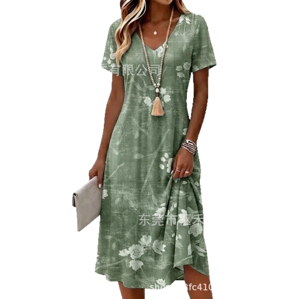Women's Vintage Blue Print V-Neck Short Sleeve Midi Dress