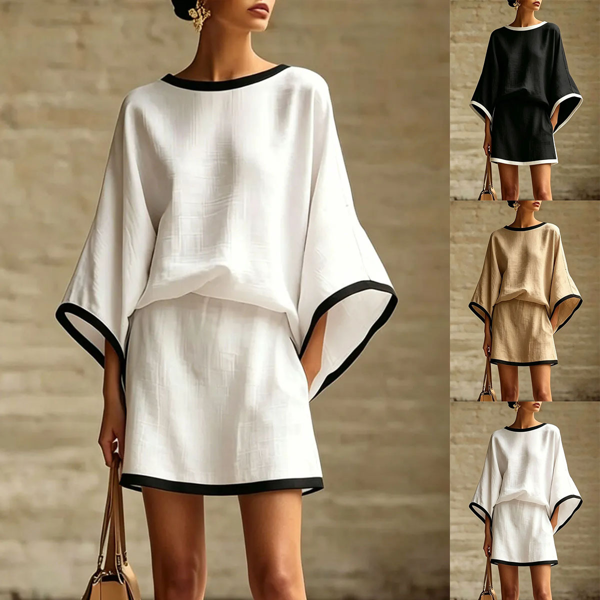 Women's Cotton-Linen Batwing Sleeve Top and Skirt Two-Piece Set