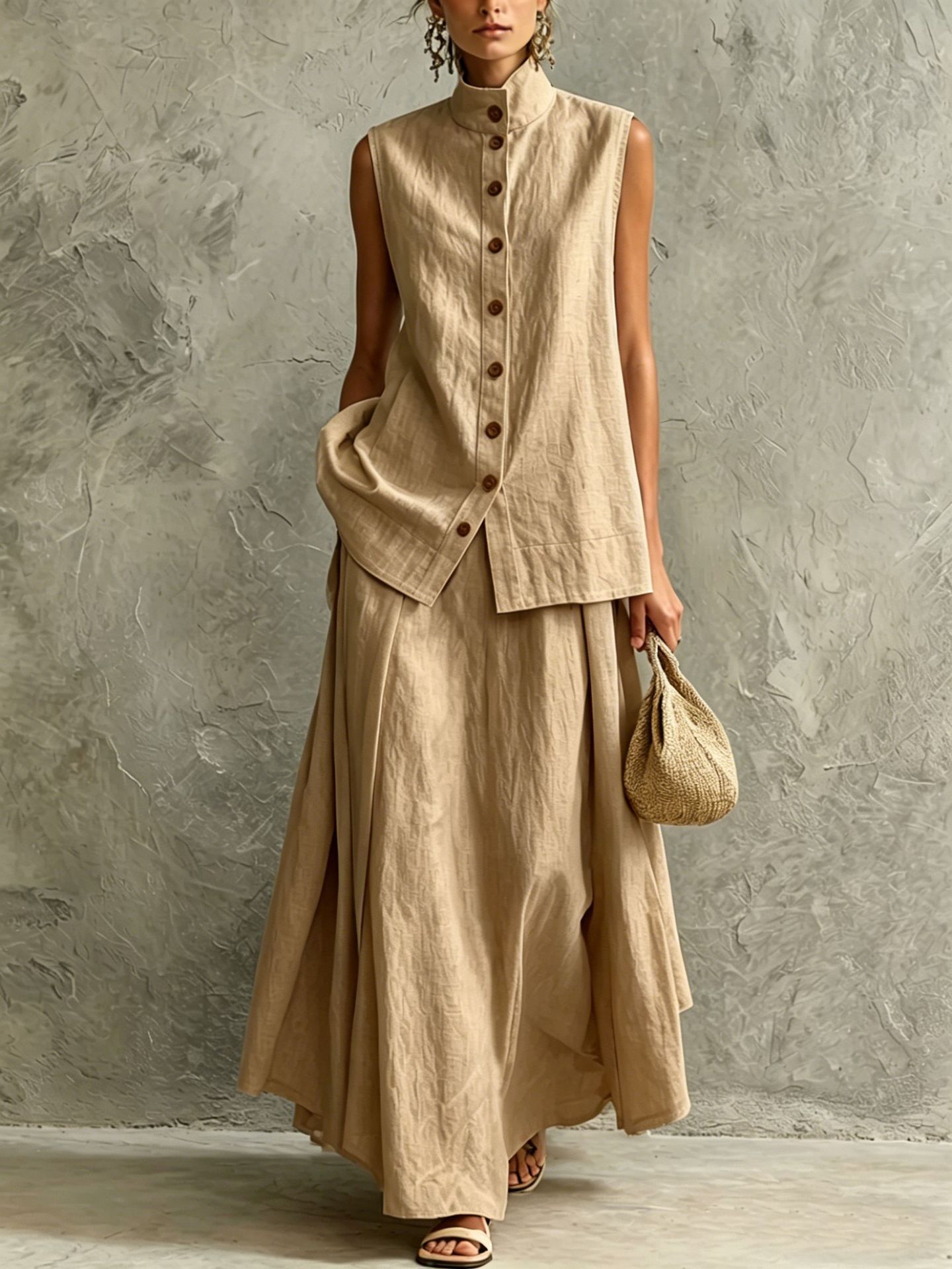 Women's Solid Color Button-Down Shirt and Midi Skirt Set