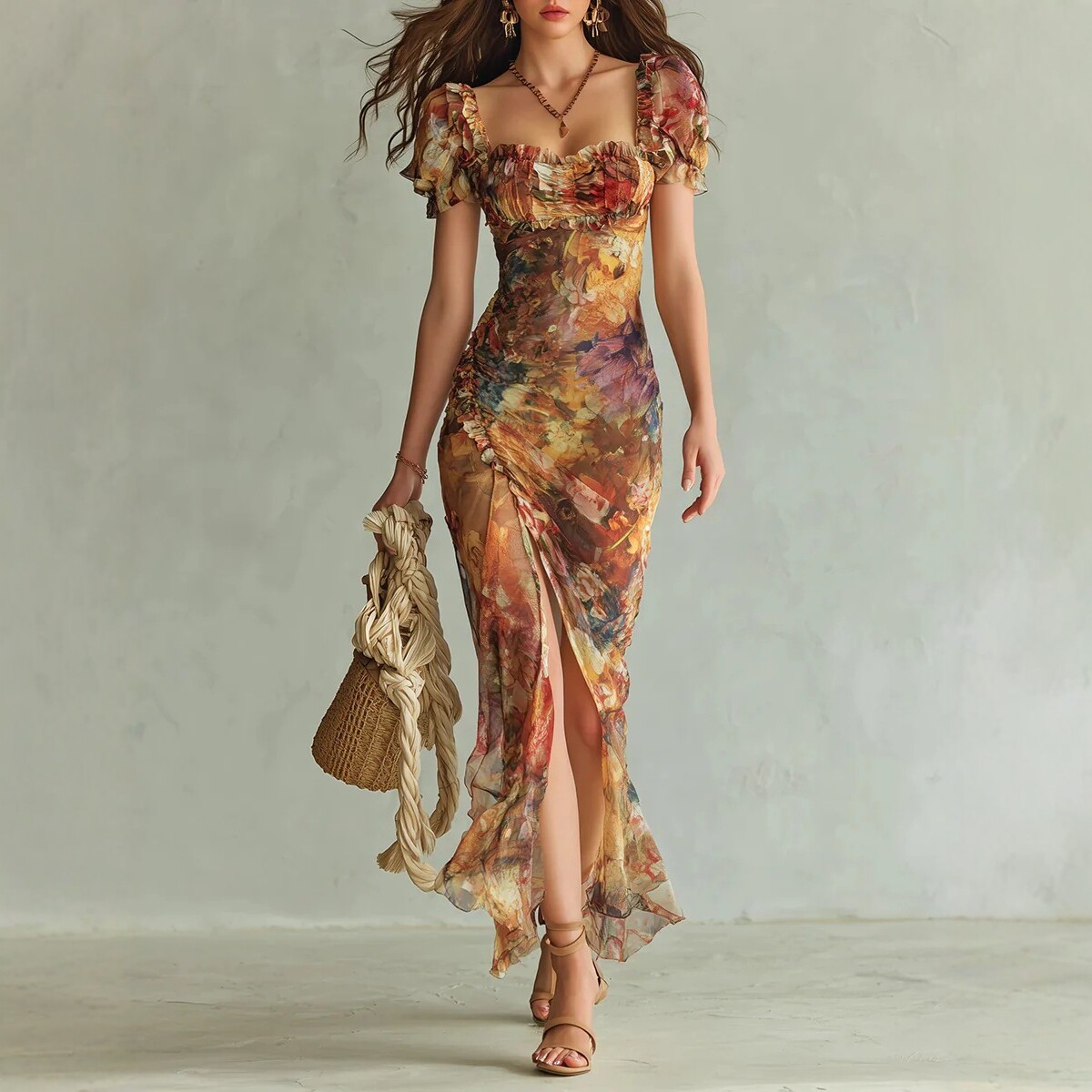 Square Neck Floral Print High-Waist Slit Maxi Dress