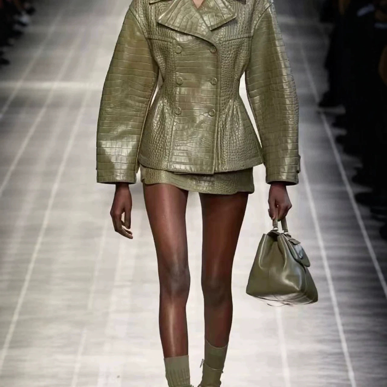 Crocodile-Embossed Faux Leather Cinched Single-Breasted Lapel Jacket and Mini Skirt Set