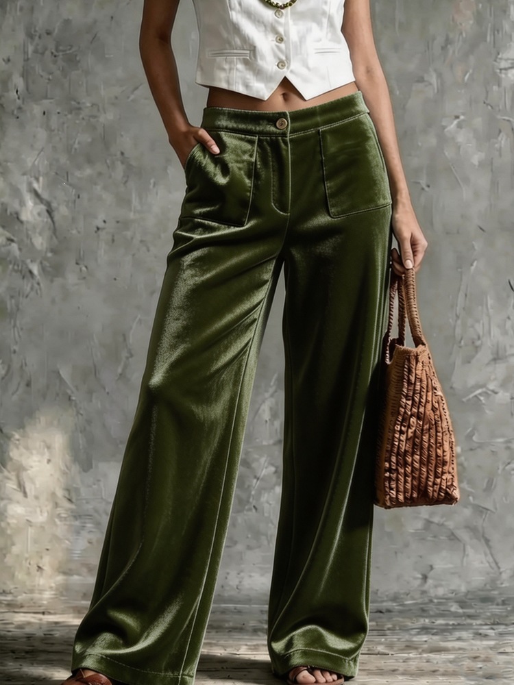 Velvet High-Waist Straight-Leg Pants with Pockets