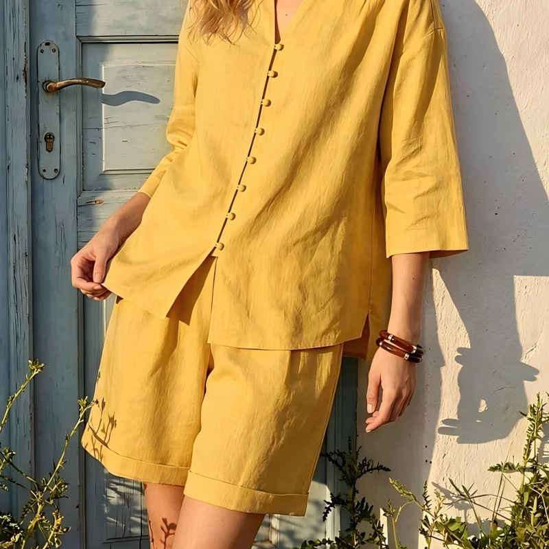 Women's Solid V-Neck Loose Top & High-Waist Wide-Leg Shorts Set