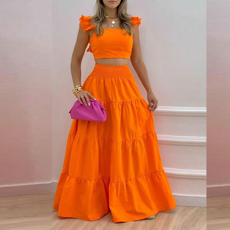 Women's Short Sleeve Top and Solid Midi Skirt Two-Piece Set