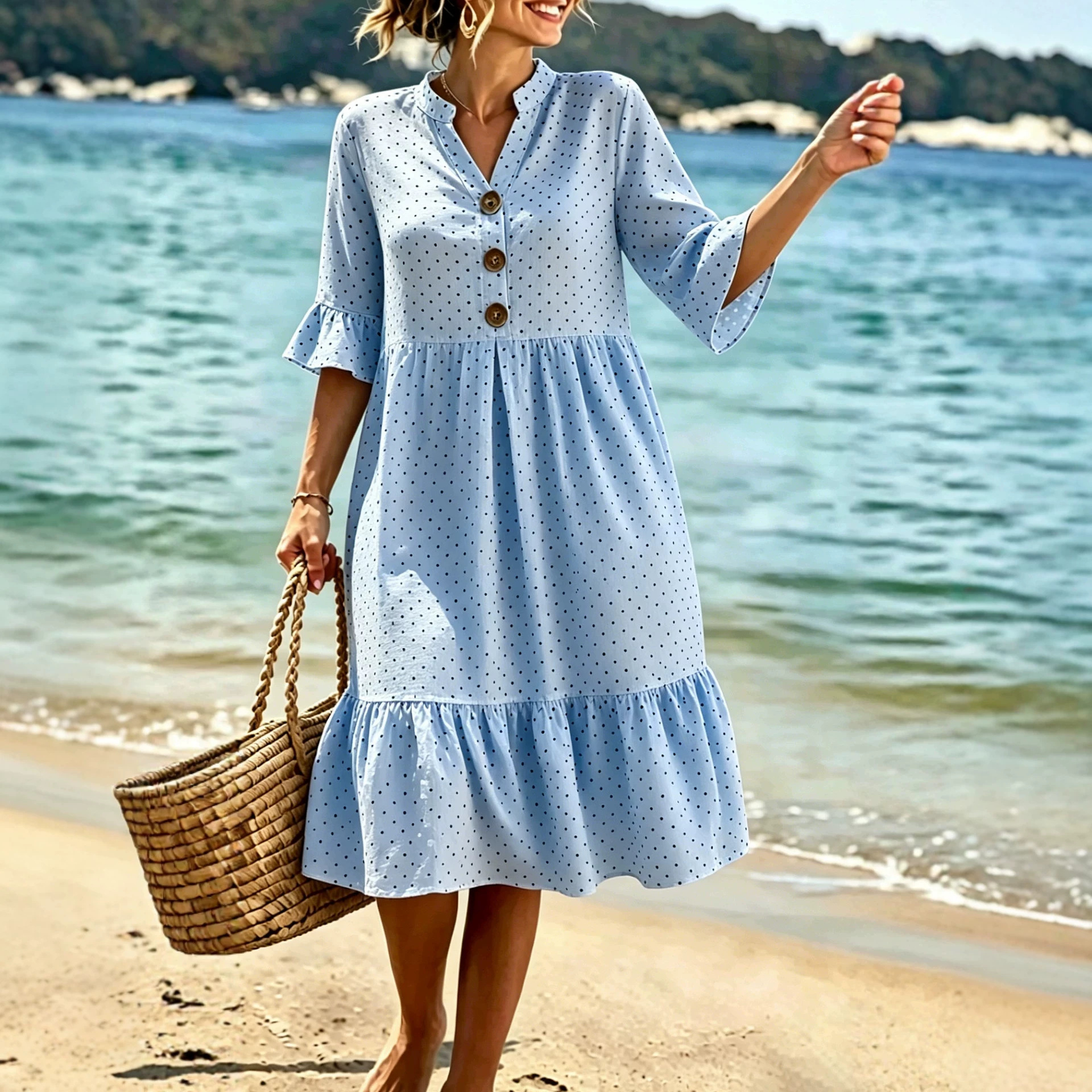 V-Neck Polka Dot Ruffle Sleeve Boho Midi Dress