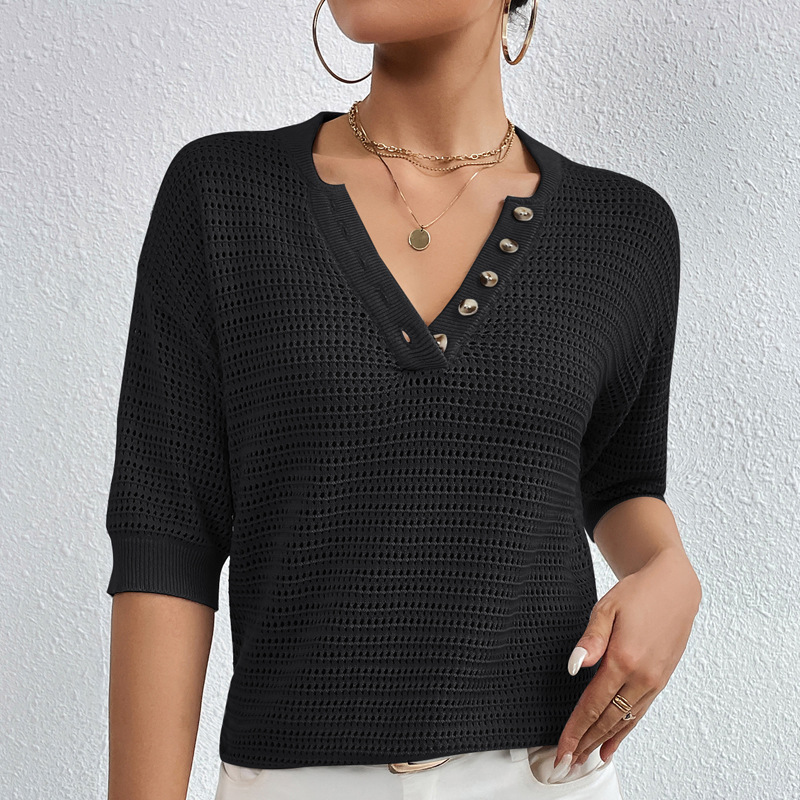 V-Neck Hollow-Out Knit Top Short Sleeve Casual