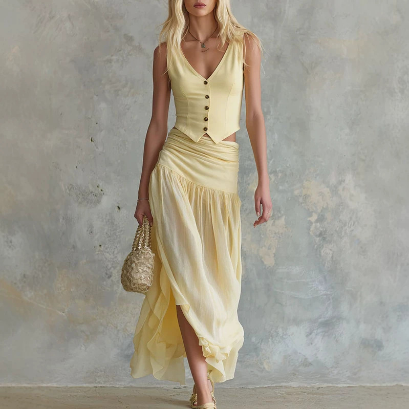 Retro Yellow Sleeveless V-Neck Vest and Chiffon Skirt Set