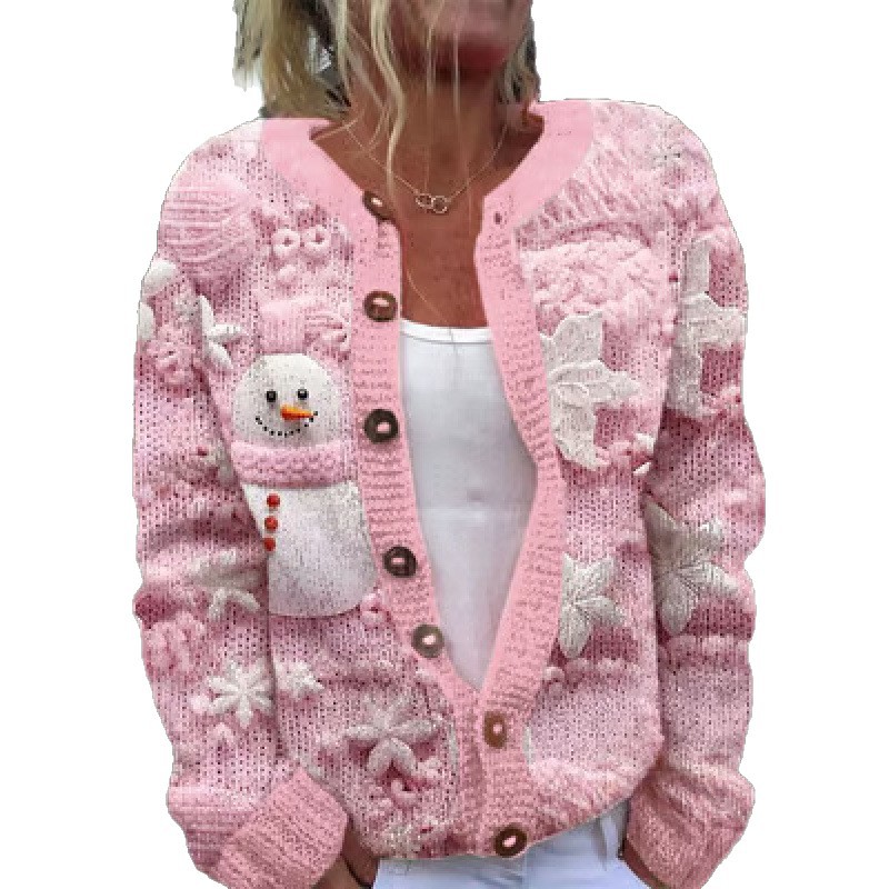 Women's Snowman & Tree Print Button Cardigan Sweater