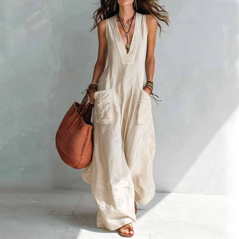 Women's Solid V-Neck Loose Wide-Leg Jumpsuit with Pockets