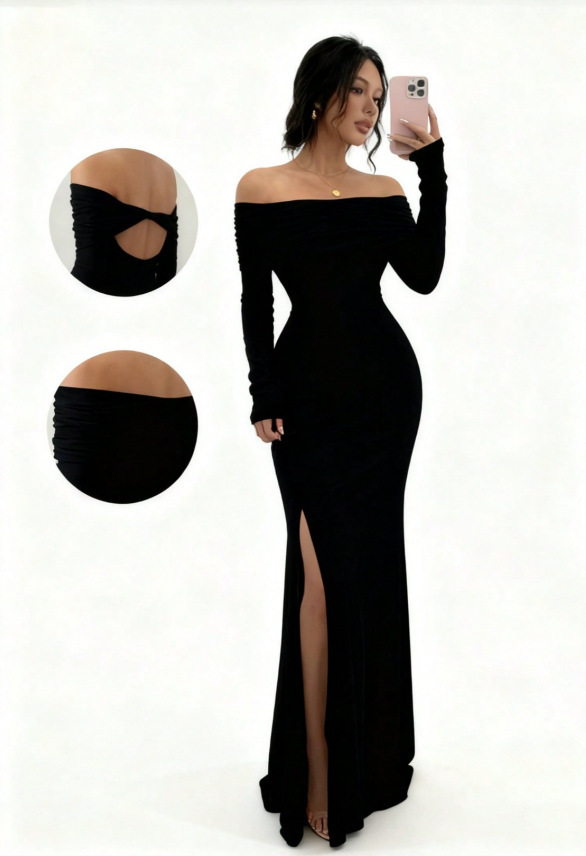 Long Sleeve Off-Shoulder Slit Bodycon Midi Dress