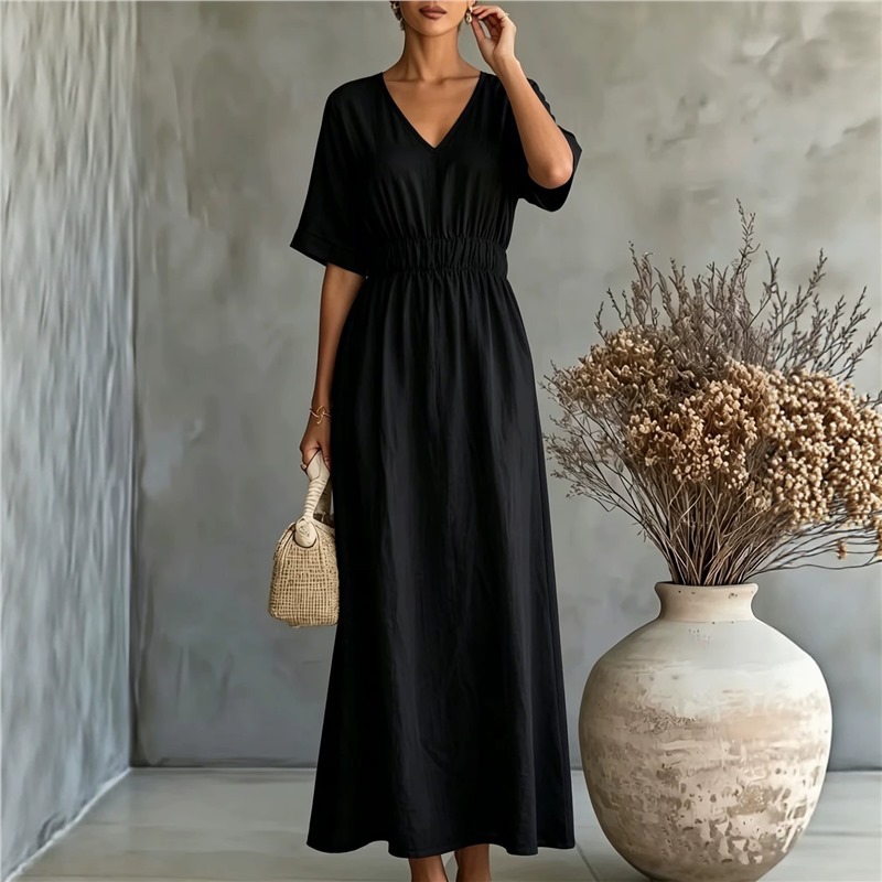 Elegant V-Neck Cinched Waist Pleated A-Line Long Dress
