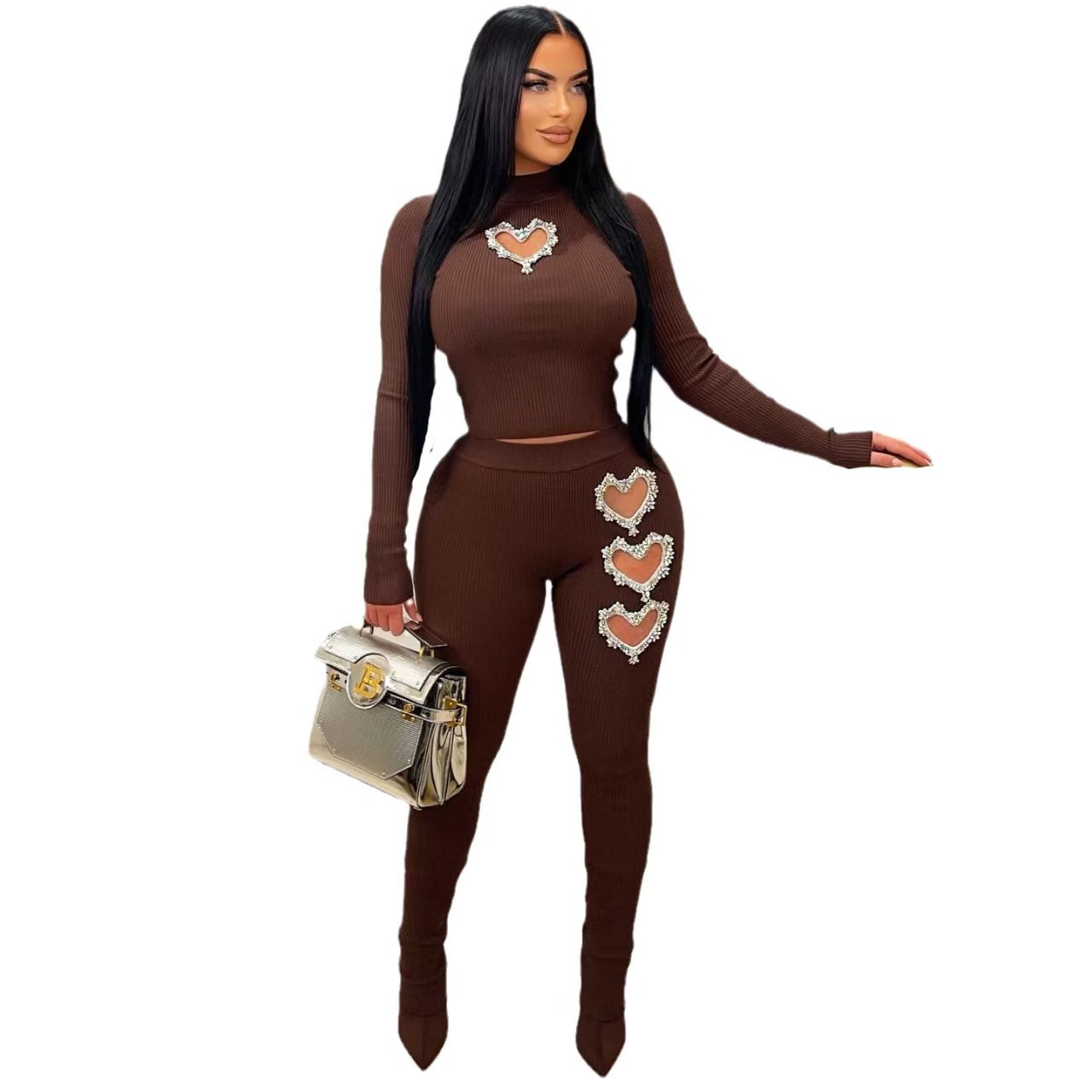 Women's Heart Rhinestone Long Sleeve Solid Color Pant Set