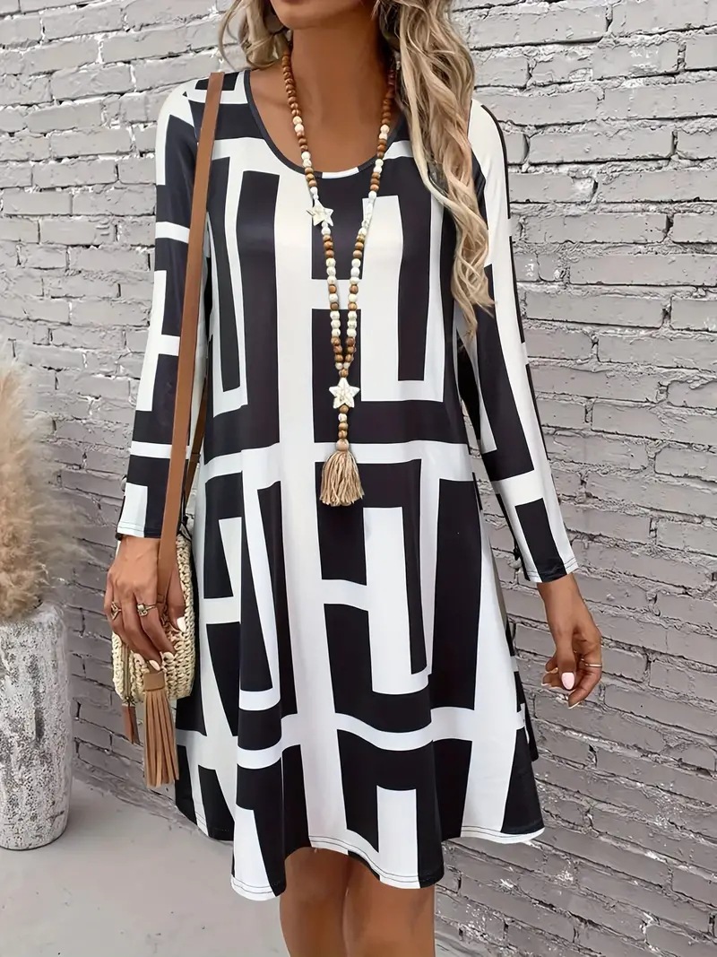 Plus Size Geometric Print A-Line Midi Dress Long Sleeve Crew Neck