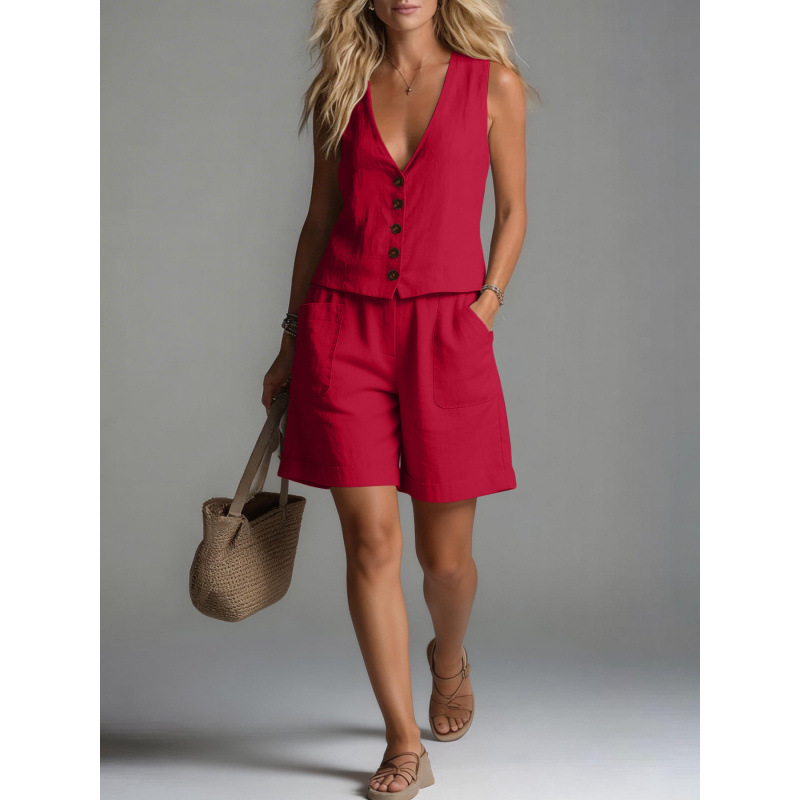 Women's Cotton-Linen Sleeveless Vest & Wide-Leg Shorts Two-Piece Set