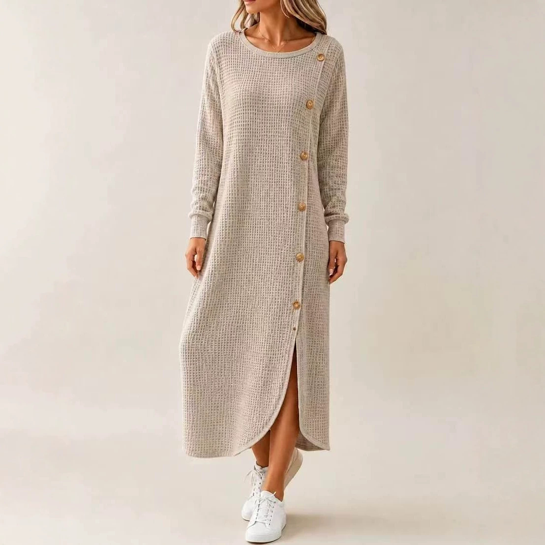 Waffle Knit Long Sleeve Button Slit Long Sweater Dress