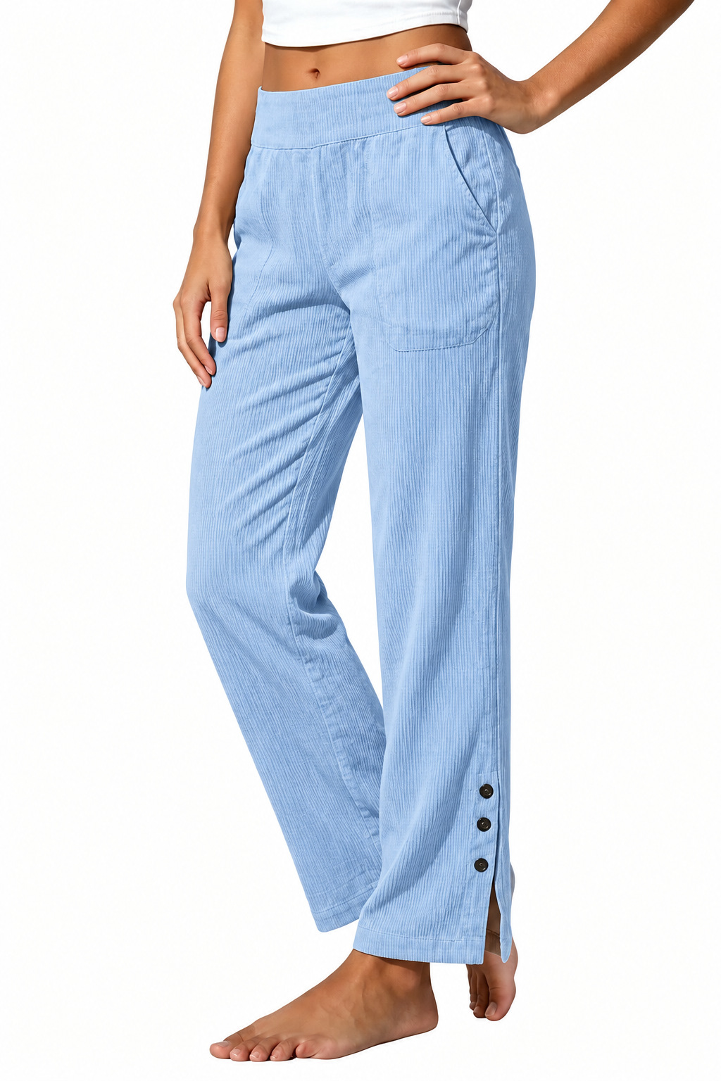 2026 European & American Cross-Border Women's Corduroy Casual Straight-Leg Pants High-Waist Loose Side-Pocket Slit Button Trousers for Women