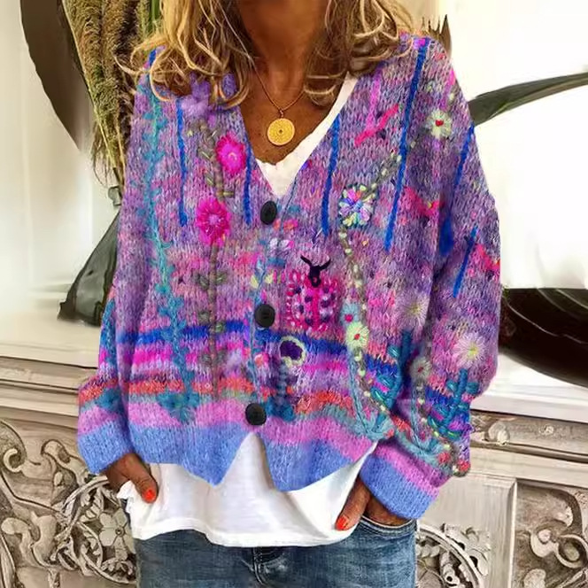 3D Print Open-Front Cardigan Soft Knit Sweater Coat