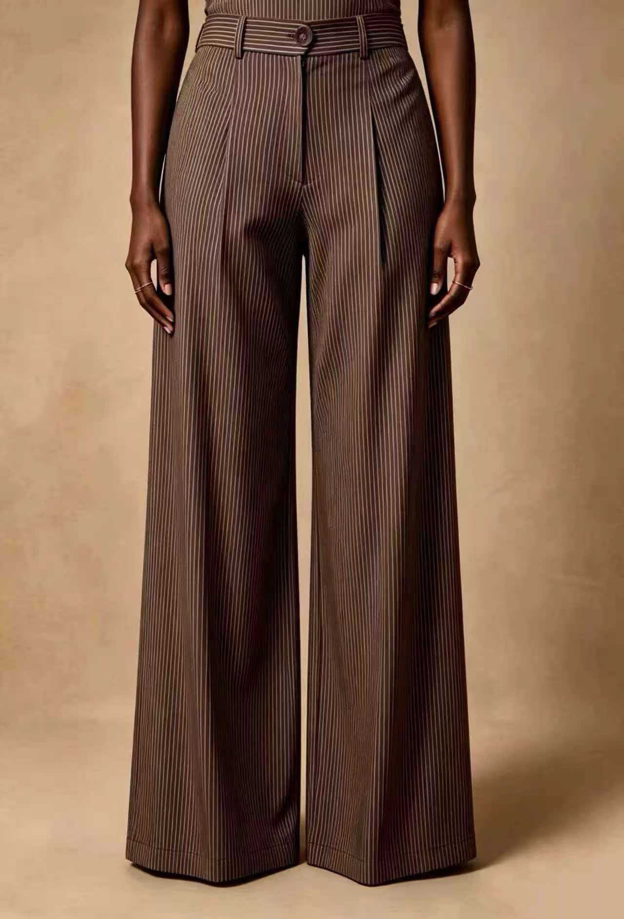 Retro High-Waist Pleated Wide-Leg Striped Pants