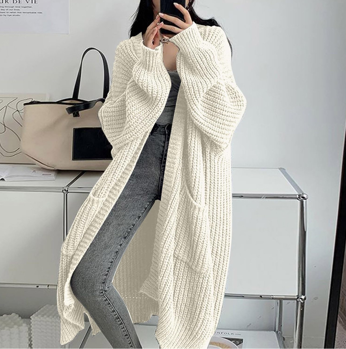 Women's Long Over-Knee Knit Cardigan Loose V-Neck Open Front Sweater Coat