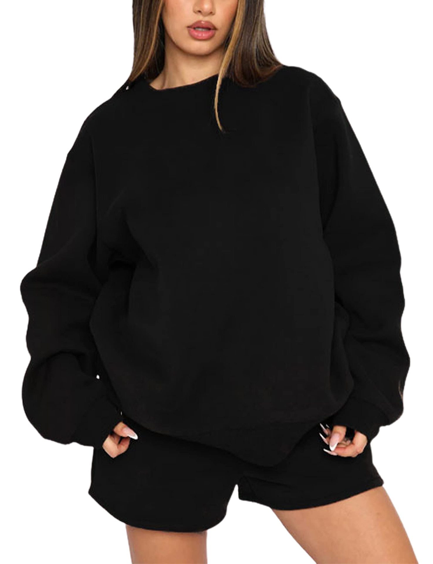Women's Solid Crewneck Long-Sleeve Pullover Sweatshirt and Shorts Set