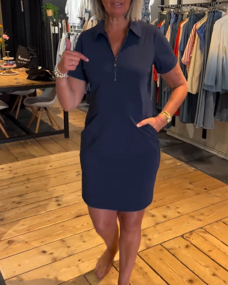 Women's Casual Short Sleeve Zip Front Solid Color Midi Dress with Collar