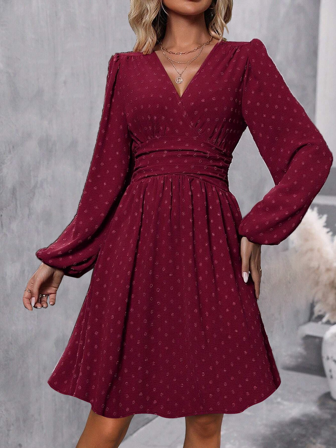 Women's Jacquard V-Neck Lantern Sleeve Smocked Dress