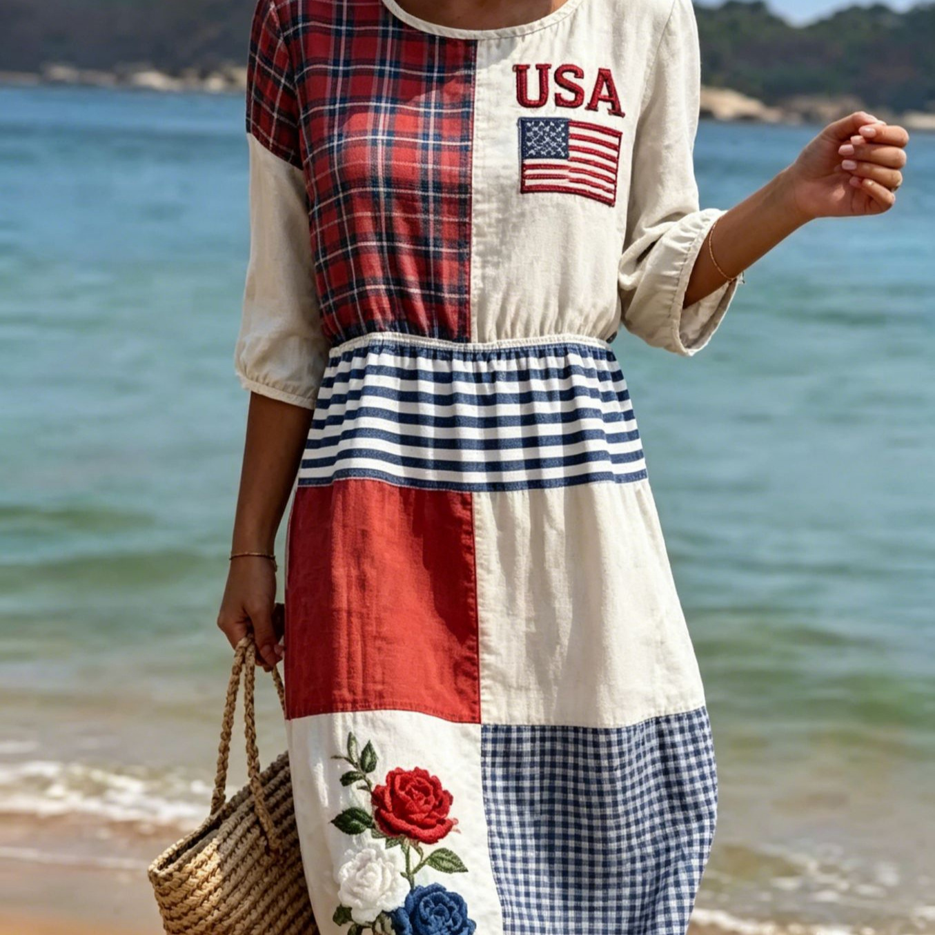 Women's American Floral Flag Print Ruched Midi Dress