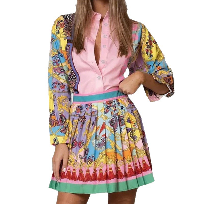 Women's Retro Print Shirt and Pleated Skirt Two-Piece Set