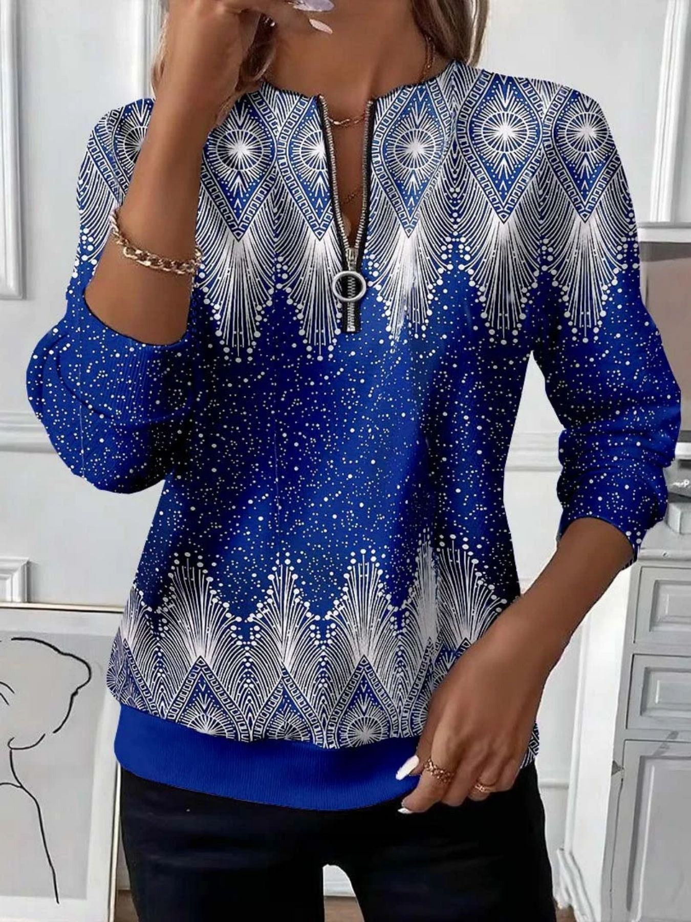 Retro Leaf Floral Print Half-Zip Hoodie for Women