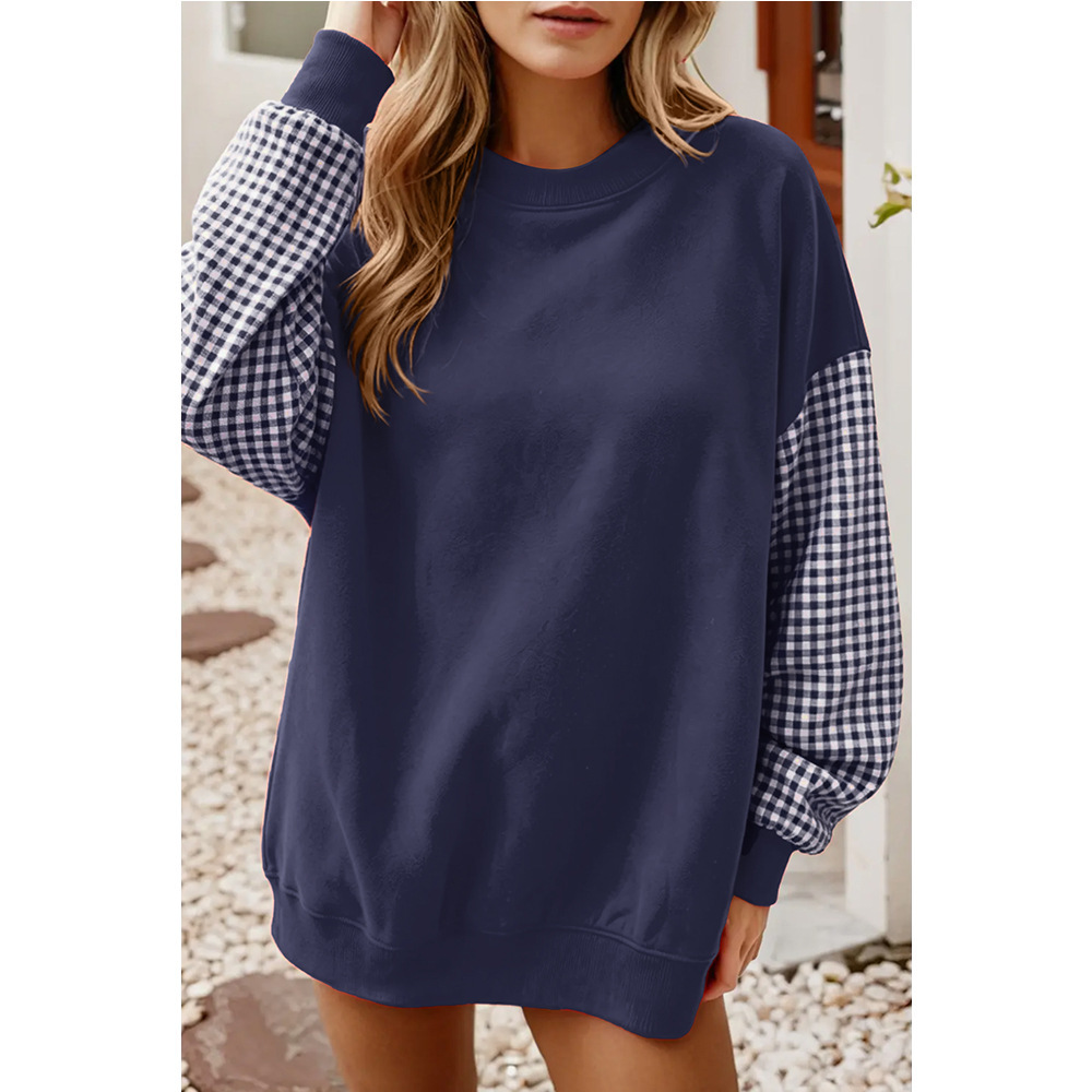 Women's Loose Crewneck Colorblock Plaid Long-Sleeve Sweatshirt