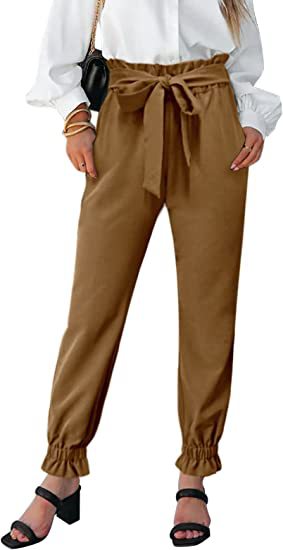 High-Waist Tie Belt Slim Fit Solid Color Pants for Women