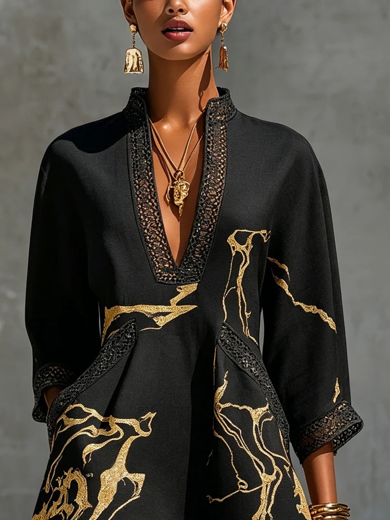 Navy Abstract Print V-Neck Lace-Trimmed Loose Short Dress