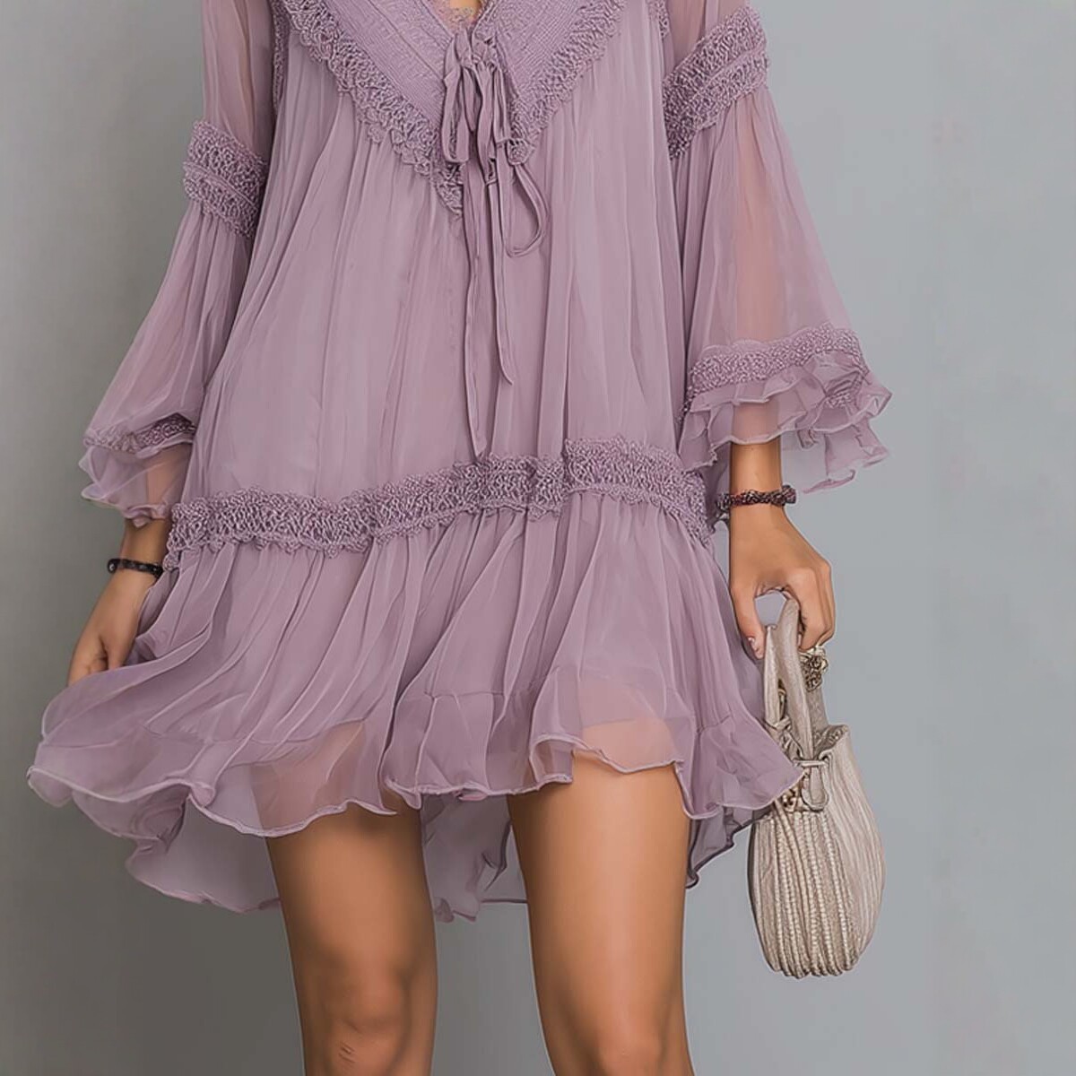 Purple Tie-Front Ruffle Chiffon Dress