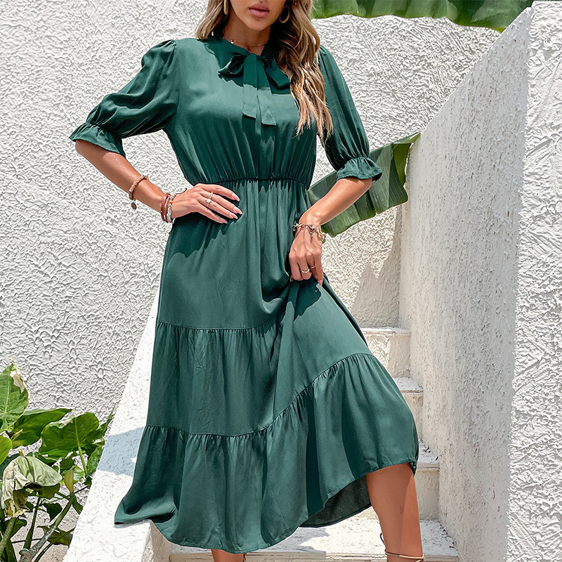 Women's Ruched Bow Tie Solid Color Midi Dress
