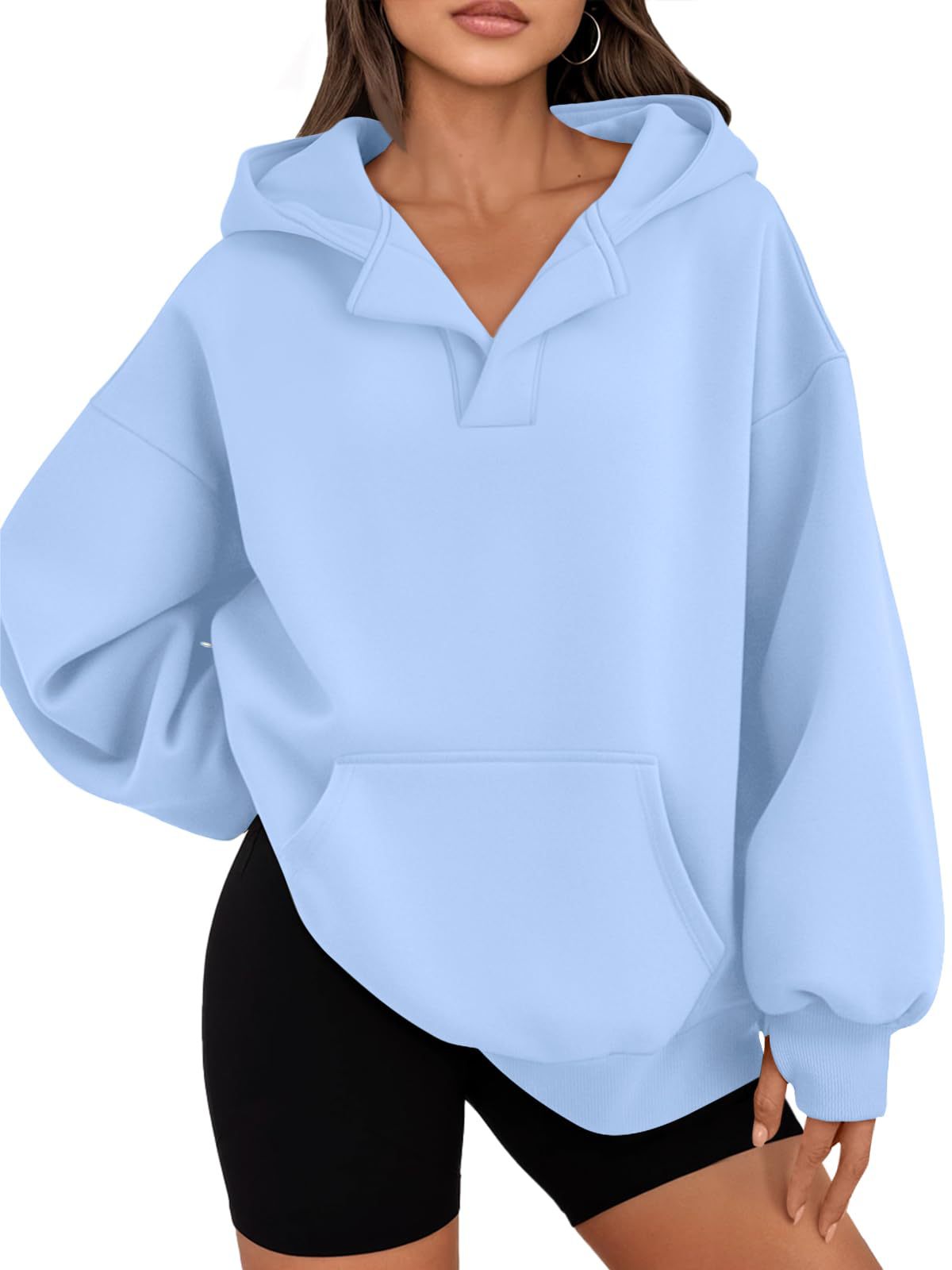 Women's V-Neck Hooded Pullover Sweatshirt with Thumbholes Cotton Fleece Casual Top