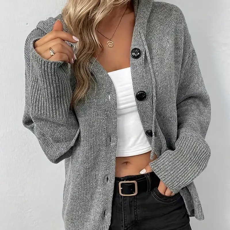 Solid Hooded Button-Down Knit Cardigan with Drawstring