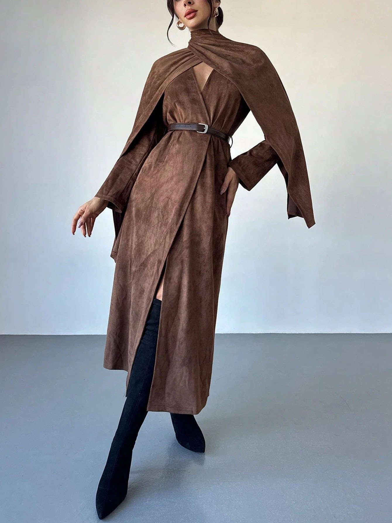 Solid Color Waist-Cinched Midi Dress with Batwing Sleeves