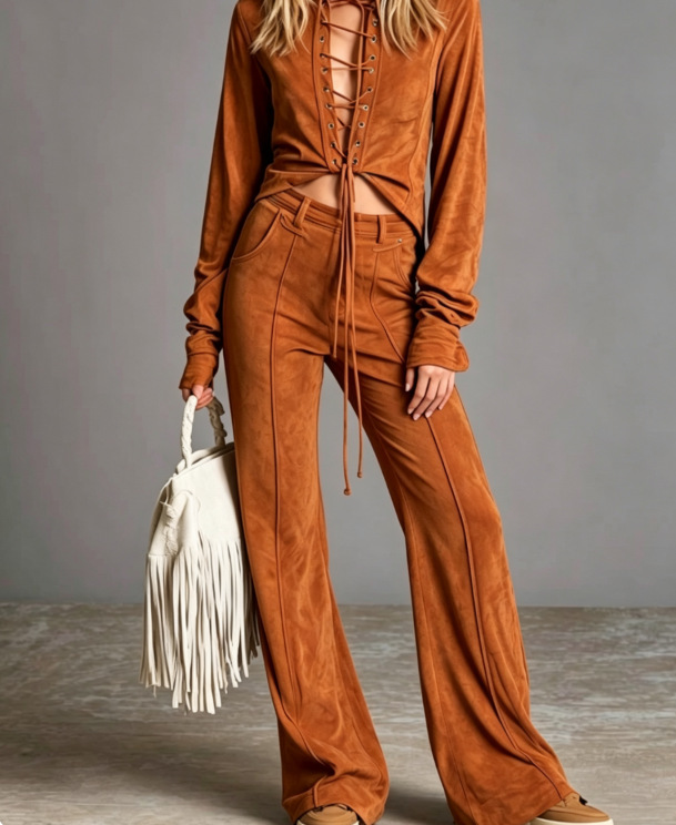 Women's Western Style Suede Cardigan and Pants Set