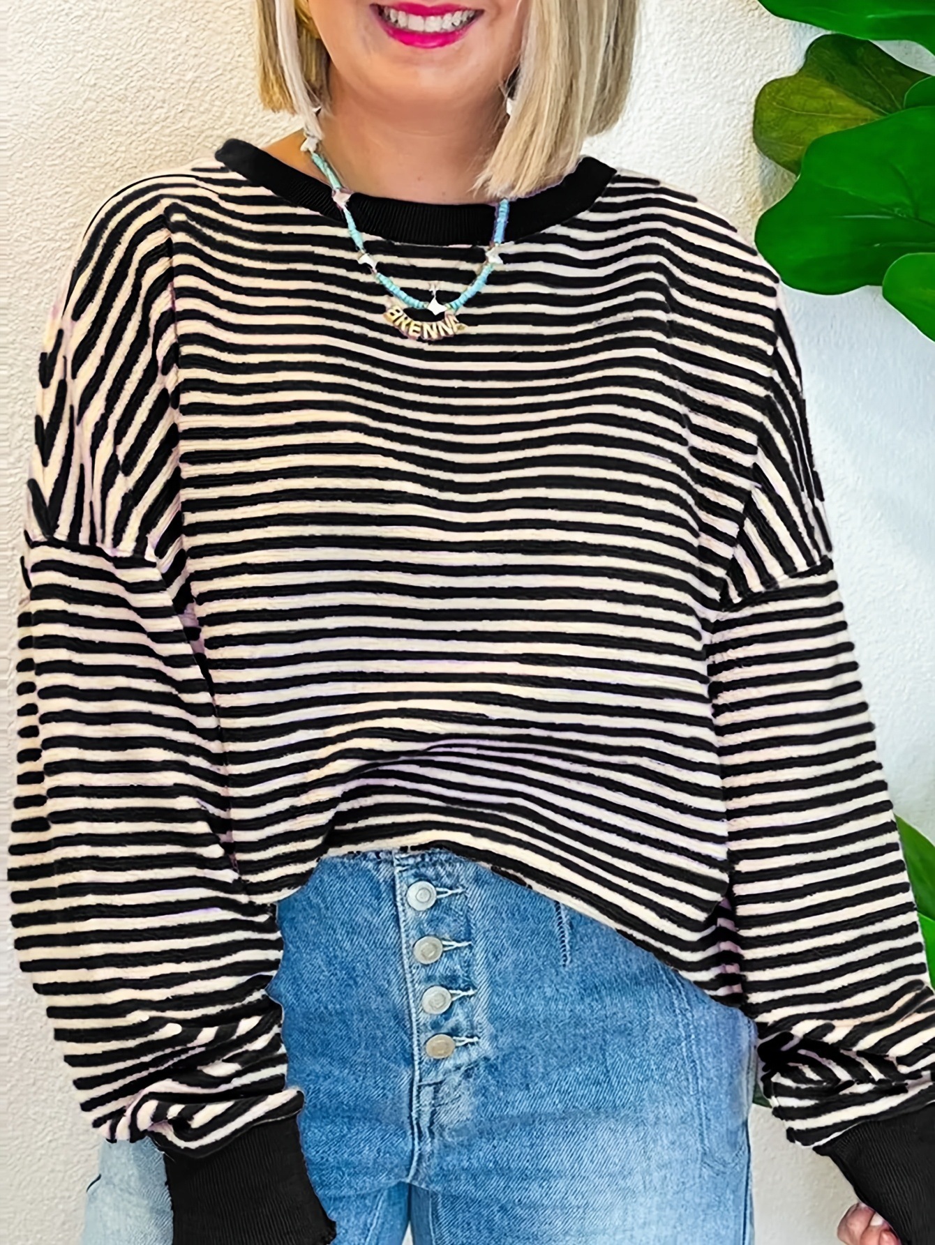 Women's Plus Size Striped Long-Sleeve Pullover Sweatshirt