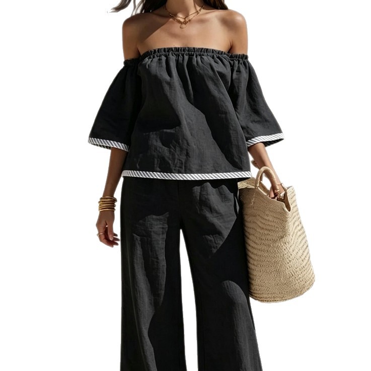 Off-Shoulder Top and Wide-Leg Pants Two-Piece Set