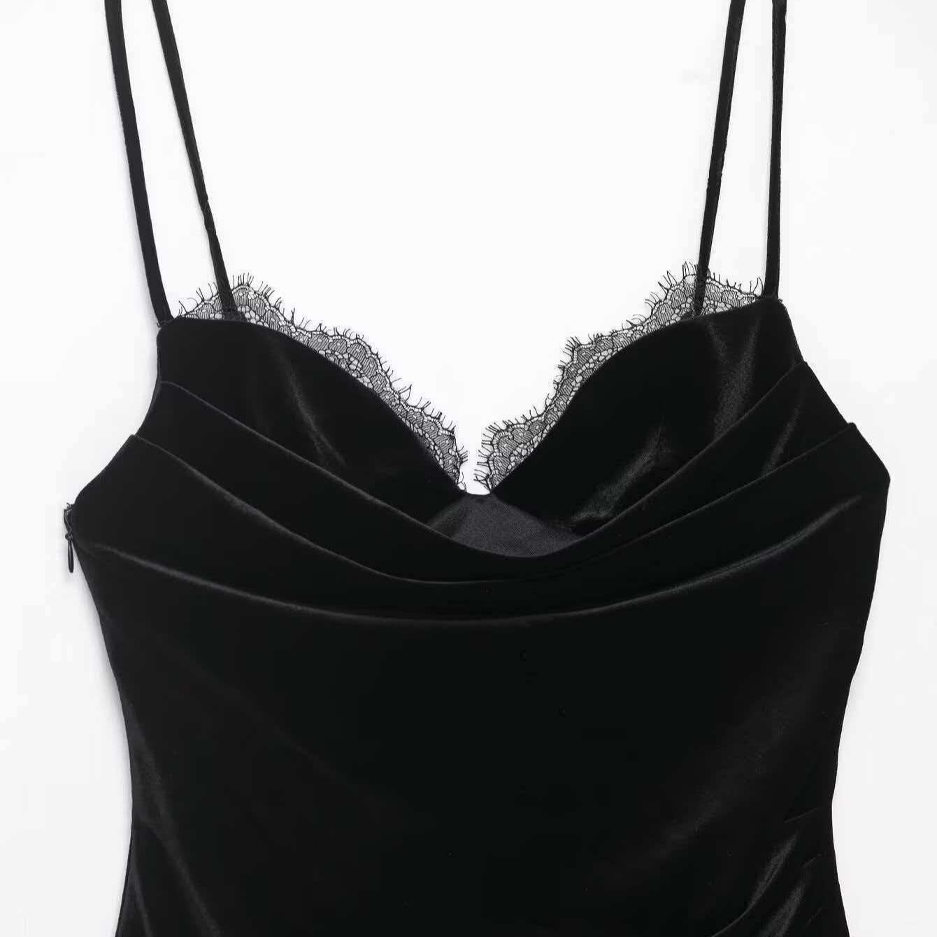 Women's Asymmetric Lace Velvet Dress Sleeveless V-Neck